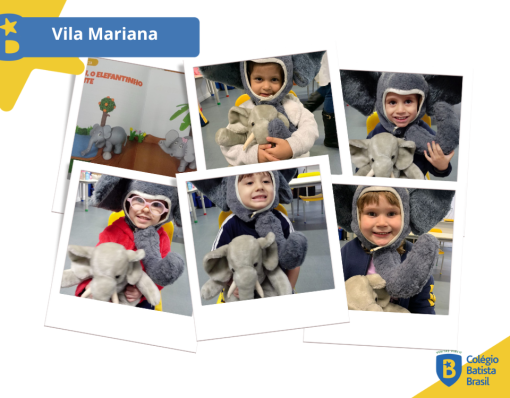 Educadora da Unidade Vila Mariana se veste de pelúcia de elefante na contação de história